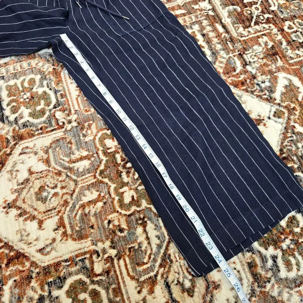 Athleta Stripe Bali Linen Crop Blue Linen Blend Pants Drawstring Size 2